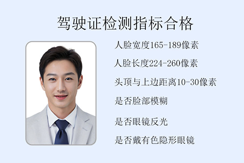 駕駛證件照，駕駛證件照標準要求：人像水平，人臉寬度165-189像素，人臉長度224-260像素，頭頂與上邊距離10-30像素